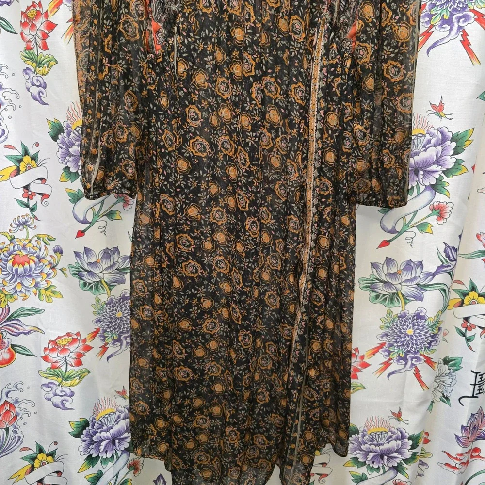 Free People Boho Paisley‎ Floral Sheer Maxi Dress Orange Black Long Sleeve XS